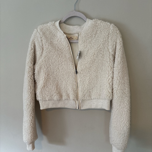 Hollister Women’s Cropped Sherpa Bomber Jacket Cream Size Large - Picture 2 of 7